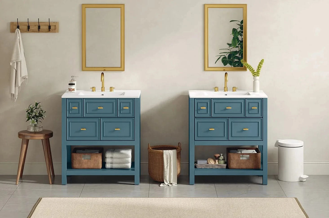 60'' Bathroom Vanity with Ceramic Sink Combo, Free Standing Single Vanity Set with 5 Drawers, Solid Wood Frame Bathroom Storage Cabinet Default -DTYStore