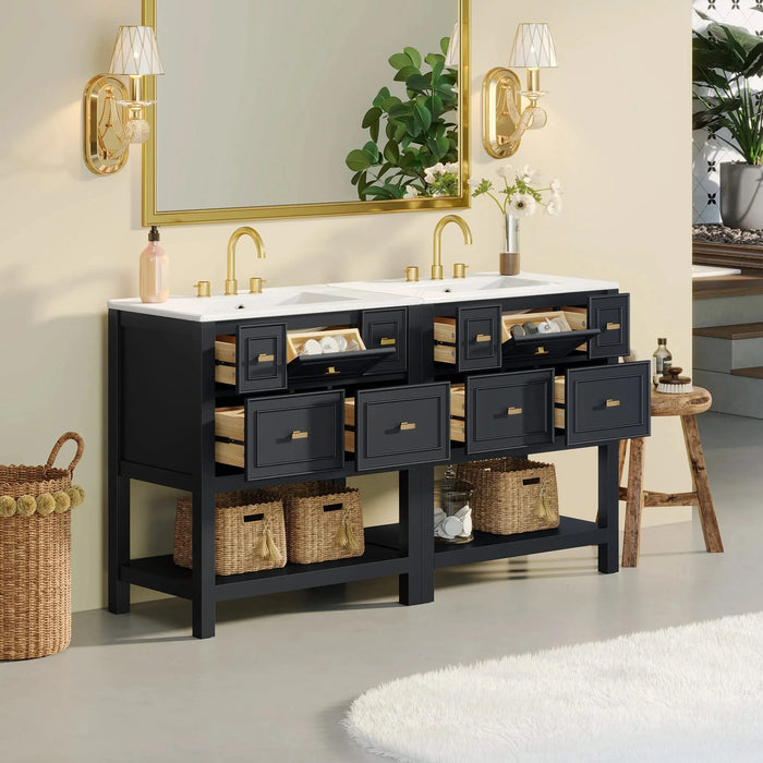 60'' Bathroom Vanity with Ceramic Sink Combo, Free Standing Single Vanity Set with 5 Drawers, Solid Wood Frame Bathroom Storage Cabinet Default -DTYStore