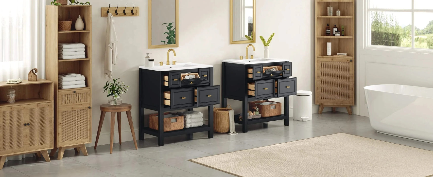 60'' Bathroom Vanity with Ceramic Sink Combo, Free Standing Single Vanity Set with 5 Drawers, Solid Wood Frame Bathroom Storage Cabinet Default -DTYStore