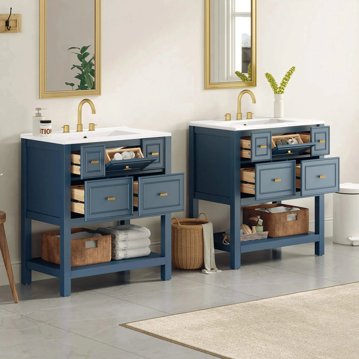 60'' Bathroom Vanity with Ceramic Sink Combo, Free Standing Single Vanity Set with 5 Drawers, Solid Wood Frame Bathroom Storage Cabinet Default -DTYStore