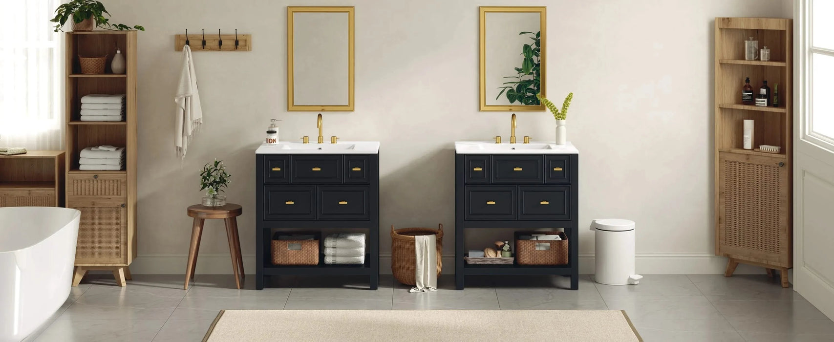 60'' Bathroom Vanity with Ceramic Sink Combo, Free Standing Single Vanity Set with 5 Drawers, Solid Wood Frame Bathroom Storage Cabinet Default -DTYStore