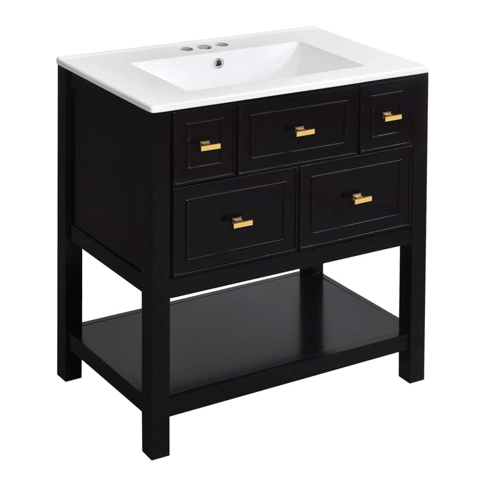 60'' Bathroom Vanity with Ceramic Sink Combo, Free Standing Single Vanity Set with 5 Drawers, Solid Wood Frame Bathroom Storage Cabinet Default -DTYStore