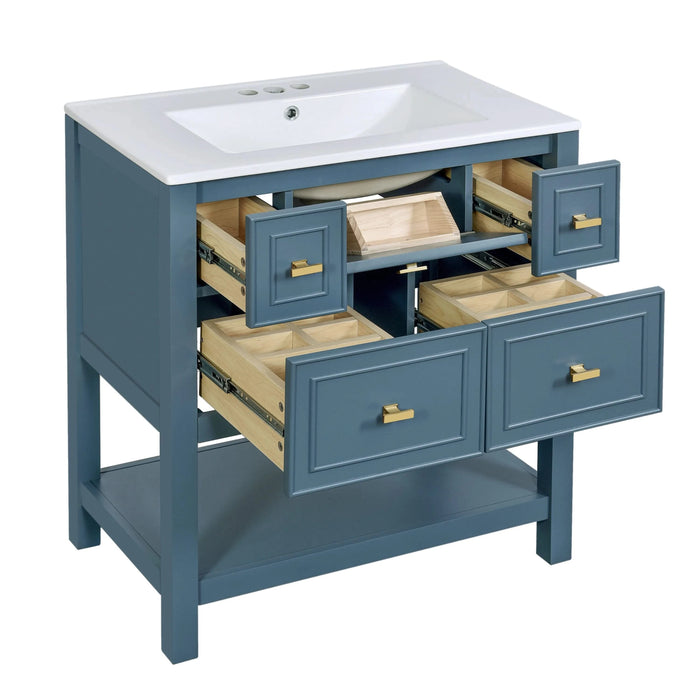 60'' Bathroom Vanity with Ceramic Sink Combo, Free Standing Single Vanity Set with 5 Drawers, Solid Wood Frame Bathroom Storage Cabinet Default -DTYStore