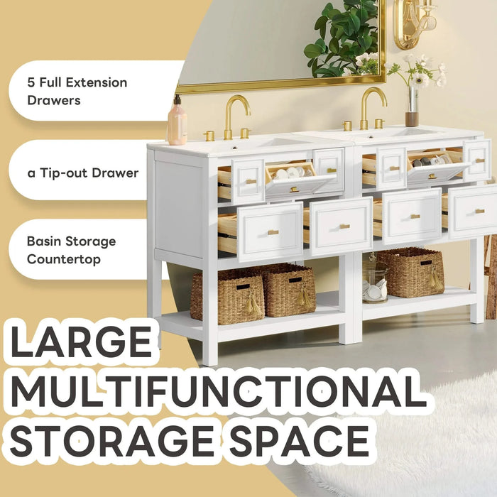 60'' Bathroom Vanity with Ceramic Sink Combo, Free Standing Single Vanity Set with 5 Drawers, Solid Wood Frame Bathroom Storage Cabinet Default -DTYStore