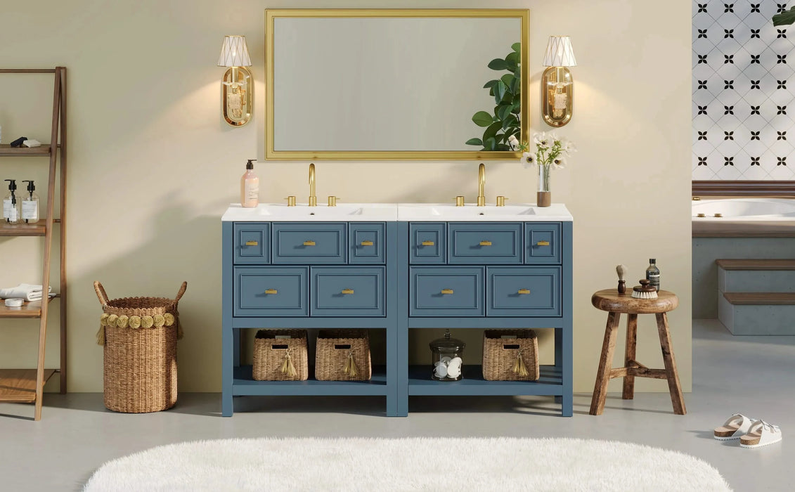 60'' Bathroom Vanity with Ceramic Sink Combo, Free Standing Single Vanity Set with 5 Drawers, Solid Wood Frame Bathroom Storage Cabinet Default -DTYStore