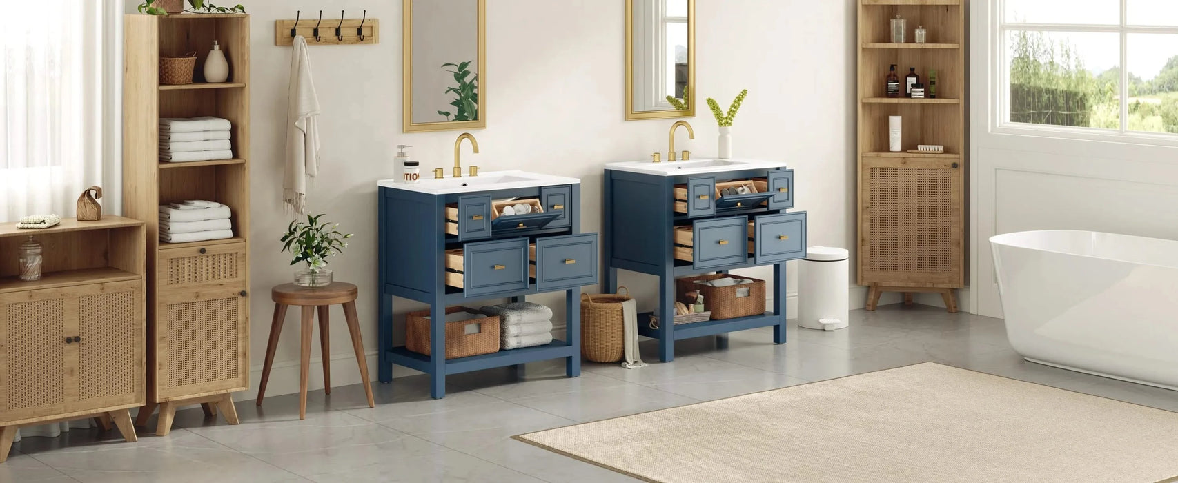 60'' Bathroom Vanity with Ceramic Sink Combo, Free Standing Single Vanity Set with 5 Drawers, Solid Wood Frame Bathroom Storage Cabinet Default -DTYStore