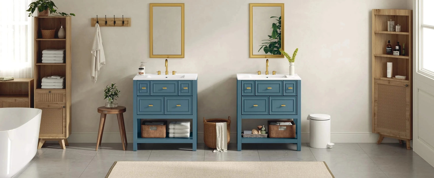 60'' Bathroom Vanity with Ceramic Sink Combo, Free Standing Single Vanity Set with 5 Drawers, Solid Wood Frame Bathroom Storage Cabinet Default -DTYStore