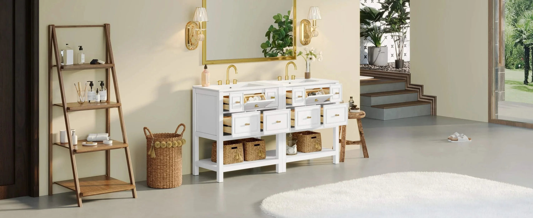 60'' Bathroom Vanity with Ceramic Sink Combo, Free Standing Single Vanity Set with 5 Drawers, Solid Wood Frame Bathroom Storage Cabinet Default -DTYStore