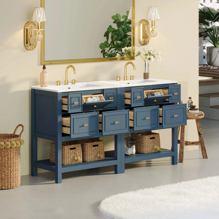 60'' Bathroom Vanity with Ceramic Sink Combo, Free Standing Single Vanity Set with 5 Drawers, Solid Wood Frame Bathroom Storage Cabinet Default -DTYStore