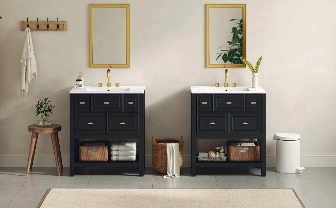 60'' Bathroom Vanity with Ceramic Sink Combo, Free Standing Single Vanity Set with 5 Drawers, Solid Wood Frame Bathroom Storage Cabinet Default -DTYStore