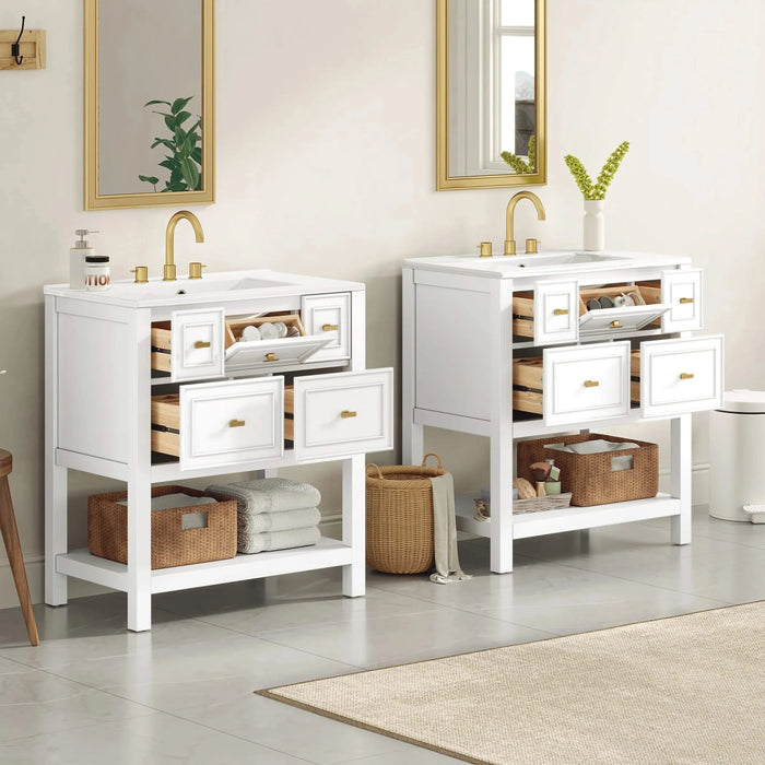 60'' Bathroom Vanity with Ceramic Sink Combo, Free Standing Single Vanity Set with 5 Drawers, Solid Wood Frame Bathroom Storage Cabinet Default -DTYStore