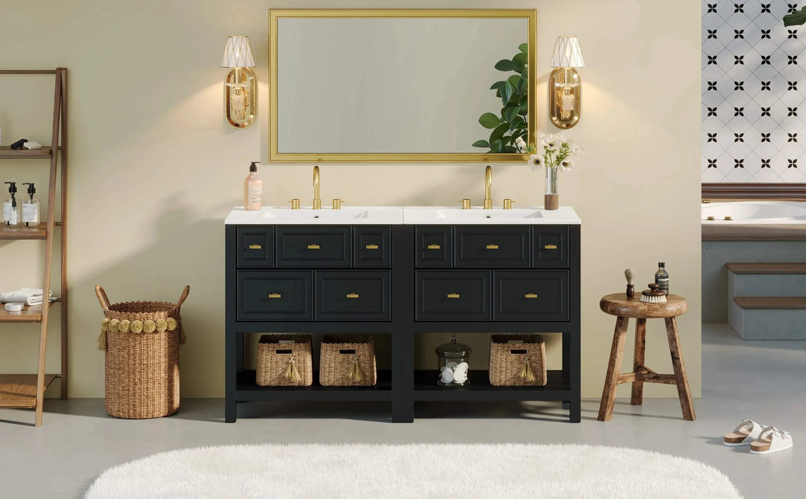 60'' Bathroom Vanity with Ceramic Sink Combo, Free Standing Single Vanity Set with 5 Drawers, Solid Wood Frame Bathroom Storage Cabinet Default -DTYStore