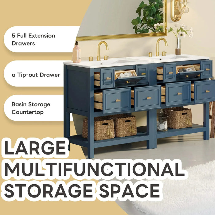 60'' Bathroom Vanity with Ceramic Sink Combo, Free Standing Single Vanity Set with 5 Drawers, Solid Wood Frame Bathroom Storage Cabinet Default -DTYStore