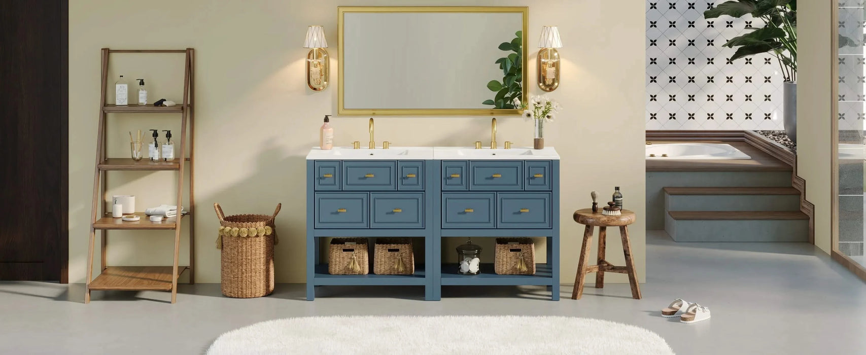 60'' Bathroom Vanity with Ceramic Sink Combo, Free Standing Single Vanity Set with 5 Drawers, Solid Wood Frame Bathroom Storage Cabinet Default -DTYStore