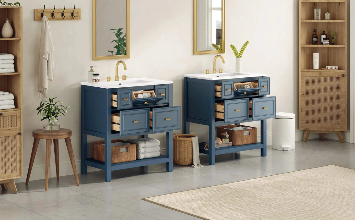 60'' Bathroom Vanity with Ceramic Sink Combo, Free Standing Single Vanity Set with 5 Drawers, Solid Wood Frame Bathroom Storage Cabinet Default -DTYStore