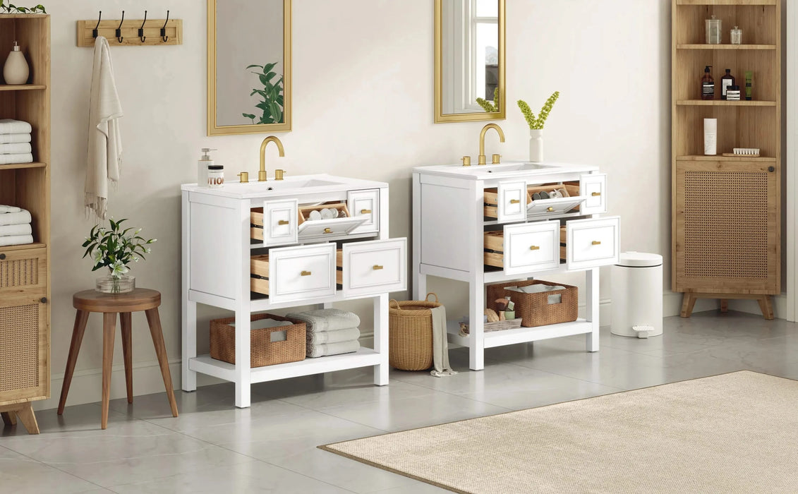 60'' Bathroom Vanity with Ceramic Sink Combo, Free Standing Single Vanity Set with 5 Drawers, Solid Wood Frame Bathroom Storage Cabinet Default -DTYStore