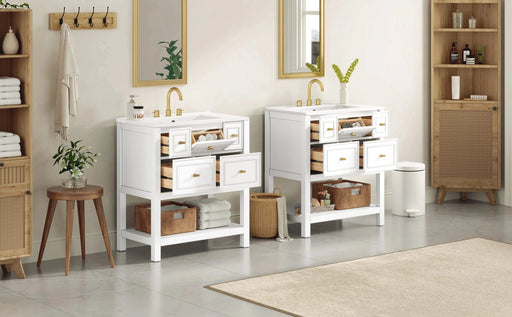 60'' Bathroom Vanity with Ceramic Sink Combo, Free Standing Single Vanity Set with 5 Drawers, Solid Wood Frame Bathroom Storage Cabinet Default -DTYStore