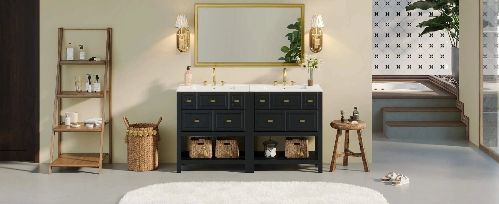 60'' Bathroom Vanity with Ceramic Sink Combo, Free Standing Single Vanity Set with 5 Drawers, Solid Wood Frame Bathroom Storage Cabinet Default -DTYStore