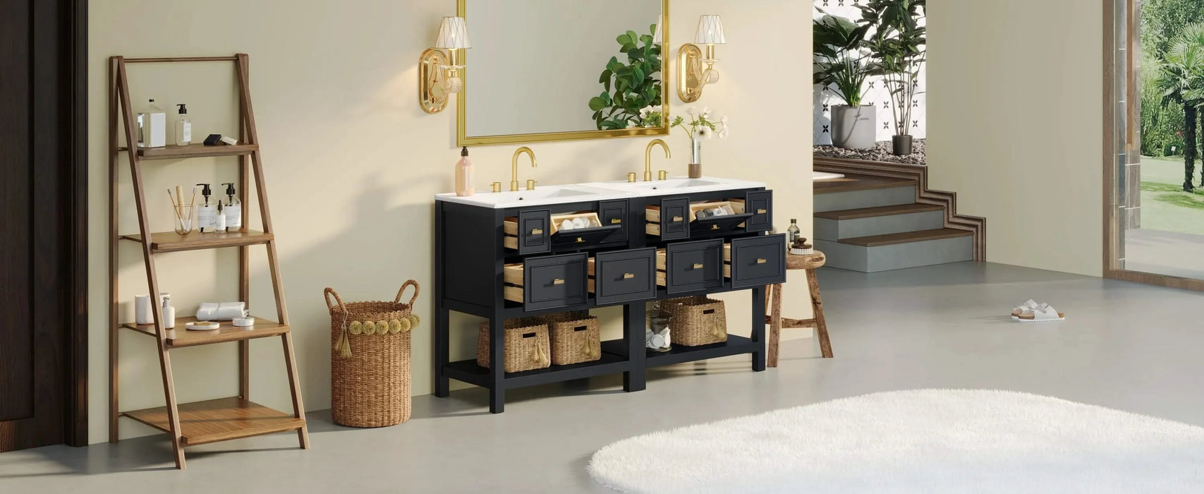 60'' Bathroom Vanity with Ceramic Sink Combo, Free Standing Single Vanity Set with 5 Drawers, Solid Wood Frame Bathroom Storage Cabinet Default -DTYStore