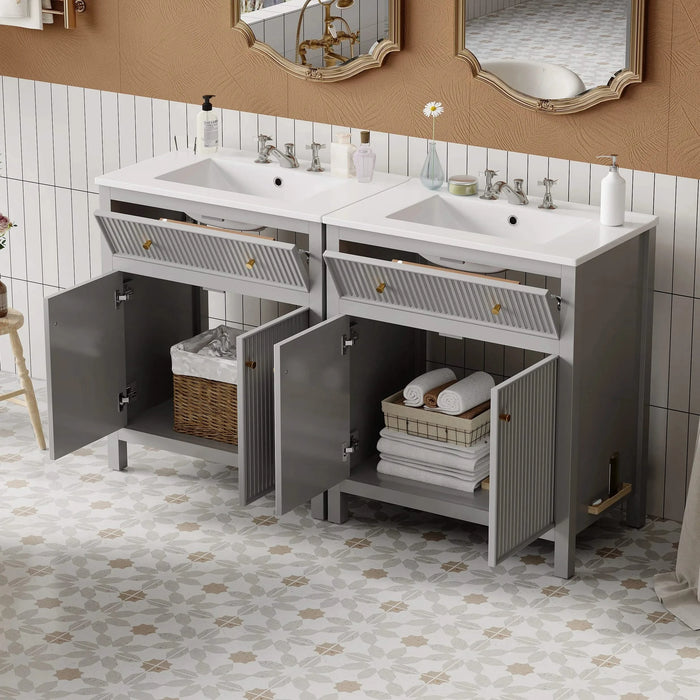 60'' Bathroom Vanity with Ceramic Sink, Free Standing Single Vanity Set with Soft Closing Doors, Modern Style, Grey Default -DTYStore