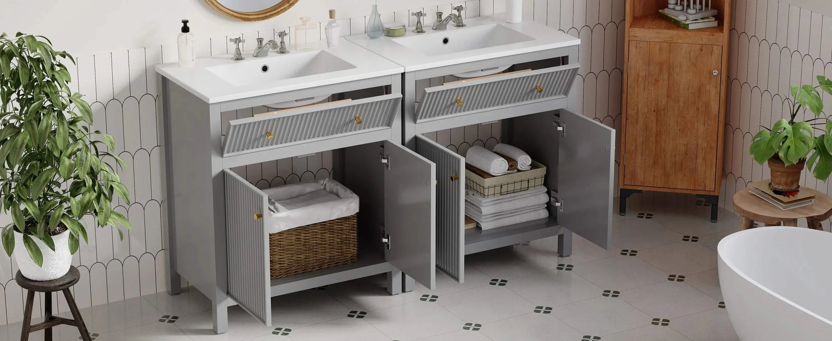 60'' Bathroom Vanity with Ceramic Sink, Free Standing Single Vanity Set with Soft Closing Doors, Modern Style, Grey Default -DTYStore