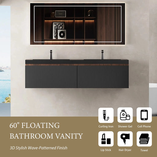 60'' Floating Bathroom Vanity with Sink Combo, Modern Wall-Mounted Striped Bathroom Storage Cabinet with Soft-Close Drawers and Double Quartz Sand Basins, Smoked Walnut 24V16-60WAB Default -DTYStore