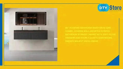 60'' Floating Bathroom Vanity with Sink Combo, Modern Wall-Mounted Striped Bathroom Storage Cabinet with Soft-Close Drawers and Double Quartz Sand Basins, Smoked Walnut 24V16-60WAB -DTYStore