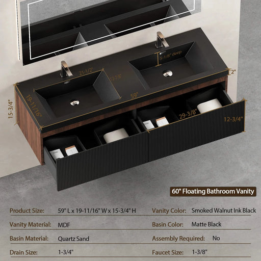 60'' Floating Bathroom Vanity with Sink Combo, Modern Wall-Mounted Striped Bathroom Storage Cabinet with Soft-Close Drawers and Double Quartz Sand Basins, Smoked Walnut 24V16-60WAB Default -DTYStore