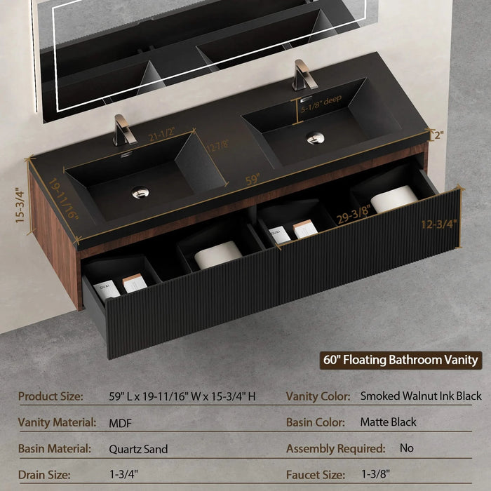 60'' Floating Bathroom Vanity with Sink Combo, Modern Wall-Mounted Striped Bathroom Storage Cabinet with Soft-Close Drawers and Double Quartz Sand Basins, Smoked Walnut 24V16-60WAB Default -DTYStore