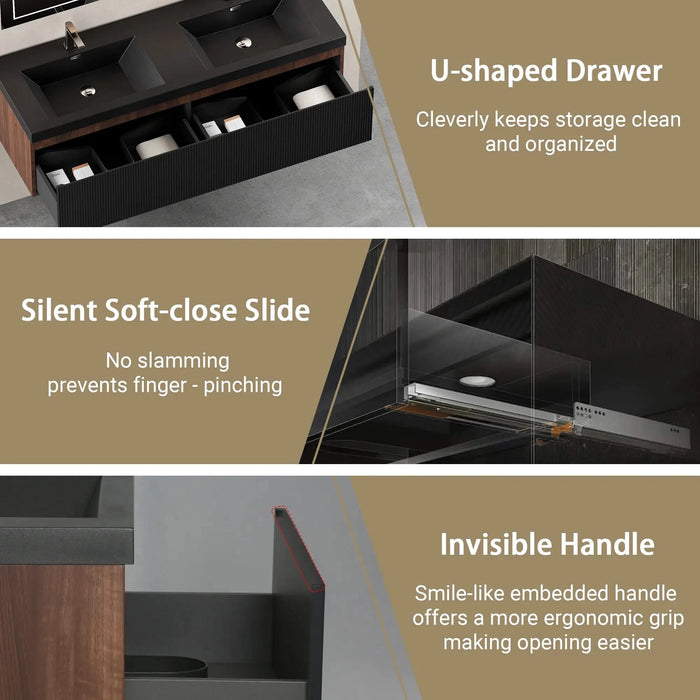 60'' Floating Bathroom Vanity with Sink Combo, Modern Wall-Mounted Striped Bathroom Storage Cabinet with Soft-Close Drawers and Double Quartz Sand Basins, Smoked Walnut 24V16-60WAB Default -DTYStore