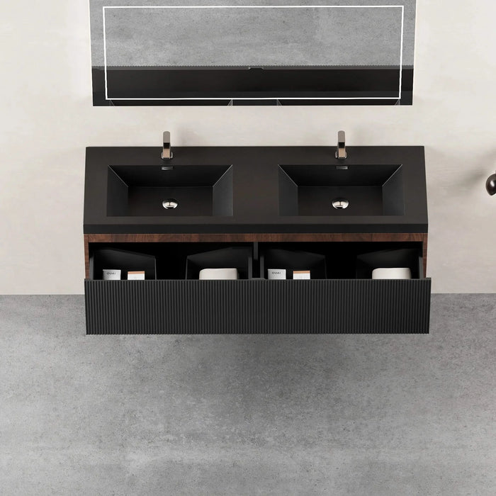 60'' Floating Bathroom Vanity with Sink Combo, Modern Wall-Mounted Striped Bathroom Storage Cabinet with Soft-Close Drawers and Double Quartz Sand Basins, Smoked Walnut 24V16-60WAB Default -DTYStore