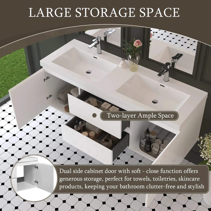 60' Floating Bathroom Vanity with Sink, Modern Wall-Mounted Bathroom Storage Vanity Cabinet with Double Resin Top Basin and Two Soft Close Drawers, Glossy White 24V11-60DGW Default -DTYStore