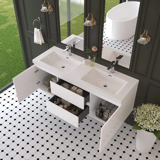 60' Floating Bathroom Vanity with Sink, Modern Wall-Mounted Bathroom Storage Vanity Cabinet with Double Resin Top Basin and Two Soft Close Drawers, Glossy White 24V11-60DGW Default -DTYStore