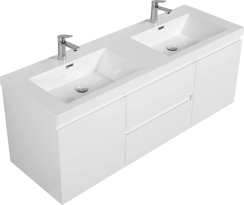 60' Floating Bathroom Vanity with Sink, Modern Wall-Mounted Bathroom Storage Vanity Cabinet with Double Resin Top Basin and Two Soft Close Drawers, Glossy White 24V11-60DGW Default -DTYStore