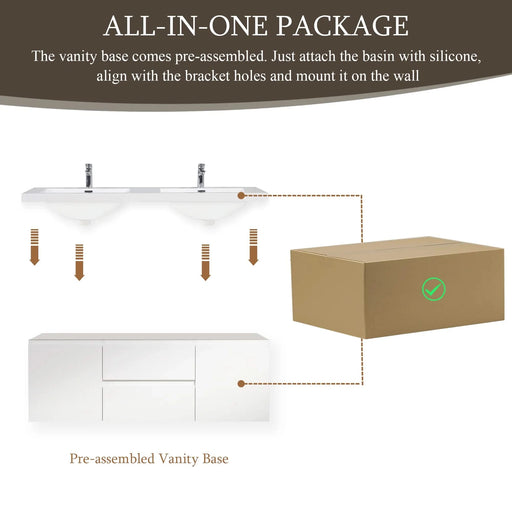 60' Floating Bathroom Vanity with Sink, Modern Wall-Mounted Bathroom Storage Vanity Cabinet with Double Resin Top Basin and Two Soft Close Drawers, Glossy White 24V11-60DGW Default -DTYStore