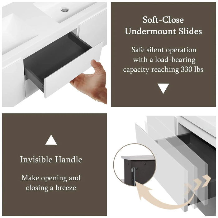 60' Floating Bathroom Vanity with Sink, Modern Wall-Mounted Bathroom Storage Vanity Cabinet with Double Resin Top Basin and Two Soft Close Drawers, Glossy White 24V11-60DGW Default -DTYStore
