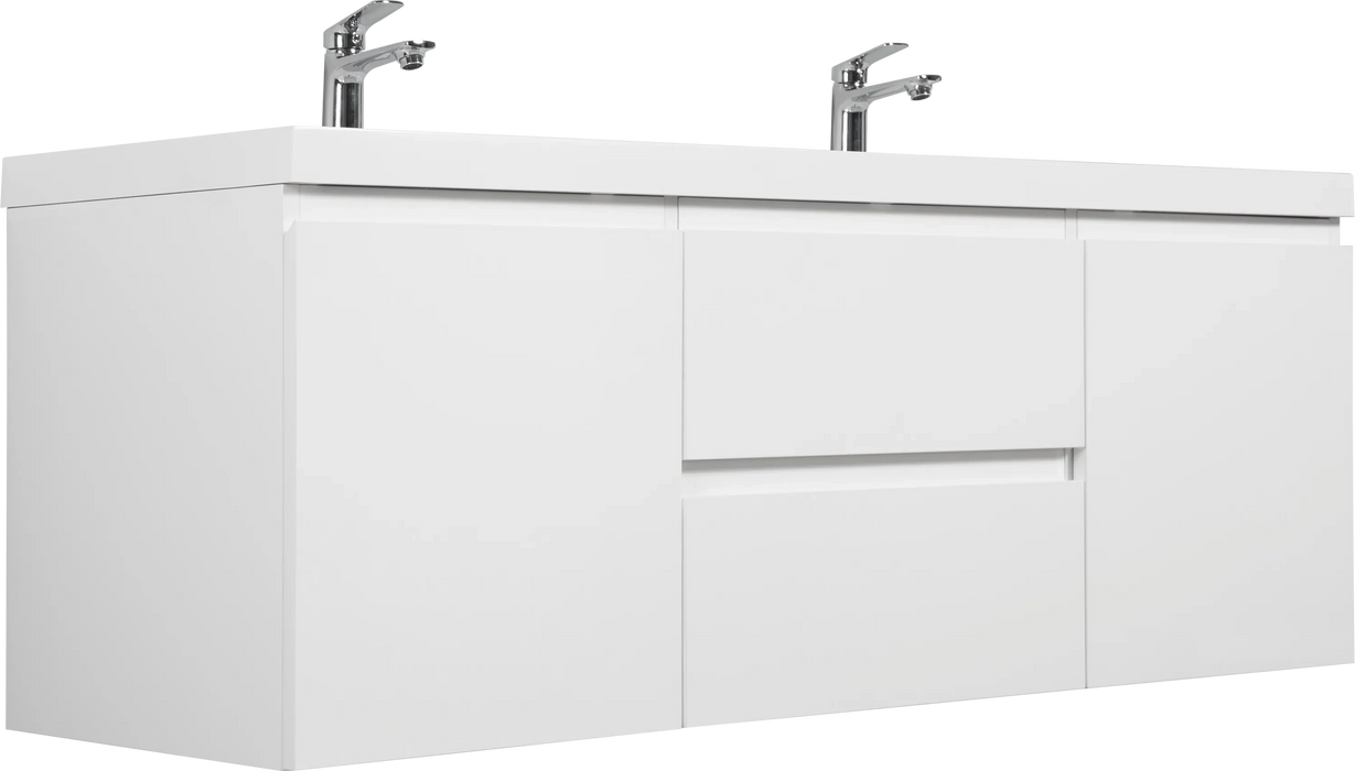 60' Floating Bathroom Vanity with Sink, Modern Wall-Mounted Bathroom Storage Vanity Cabinet with Double Resin Top Basin and Two Soft Close Drawers, Glossy White 24V11-60DGW Default -DTYStore