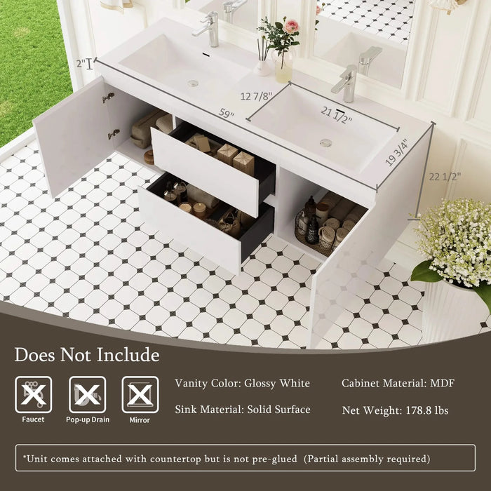 60' Floating Bathroom Vanity with Sink, Modern Wall-Mounted Bathroom Storage Vanity Cabinet with Double Resin Top Basin and Two Soft Close Drawers, Glossy White 24V11-60DGW Default -DTYStore