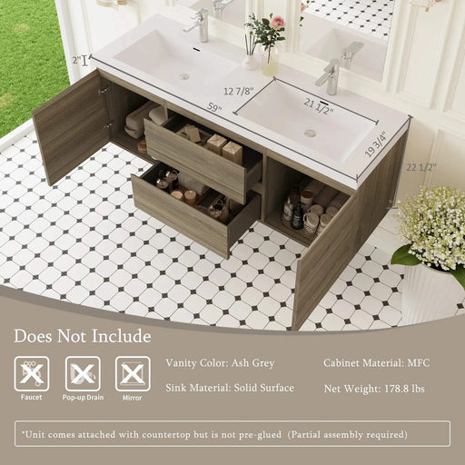 60' Floating Bathroom Vanity with Sink, Modern Wall-Mounted Bathroom Storage Vanity Cabinet with Double Resin Top Basins and Soft Close Drawers, Ash Grey 24V11-60DAG Default -DTYStore
