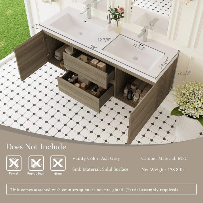 60' Floating Bathroom Vanity with Sink, Modern Wall-Mounted Bathroom Storage Vanity Cabinet with Double Resin Top Basins and Soft Close Drawers, Ash Grey 24V11-60DAG Default -DTYStore