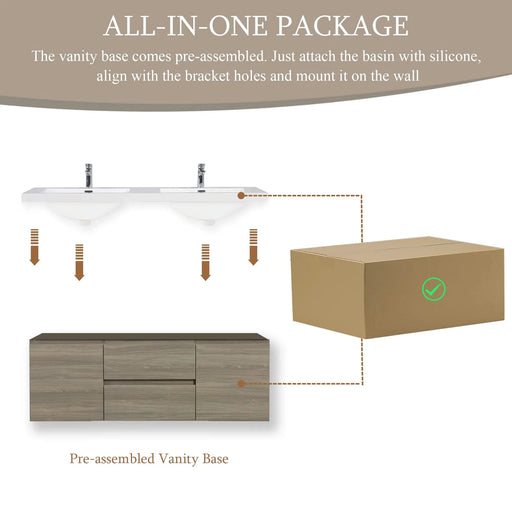 60' Floating Bathroom Vanity with Sink, Modern Wall-Mounted Bathroom Storage Vanity Cabinet with Double Resin Top Basins and Soft Close Drawers, Ash Grey 24V11-60DAG Default -DTYStore