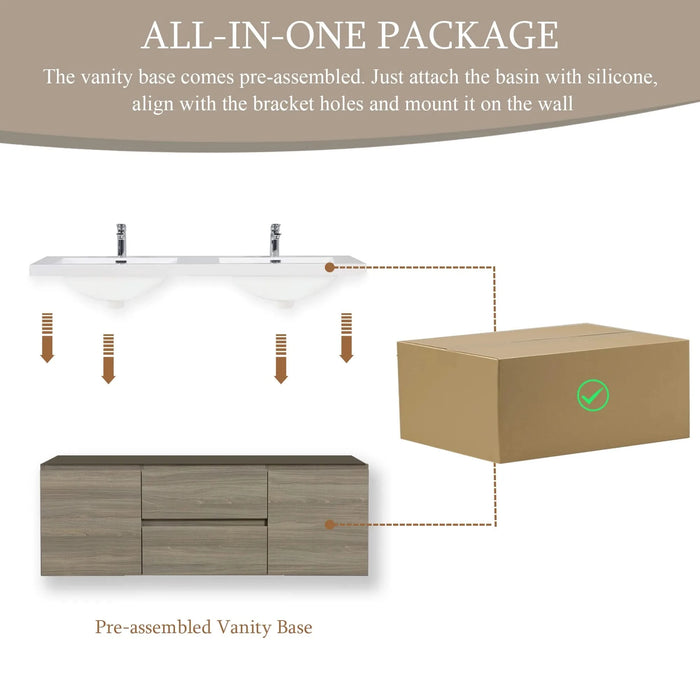 60' Floating Bathroom Vanity with Sink, Modern Wall-Mounted Bathroom Storage Vanity Cabinet with Double Resin Top Basins and Soft Close Drawers, Ash Grey 24V11-60DAG Default -DTYStore