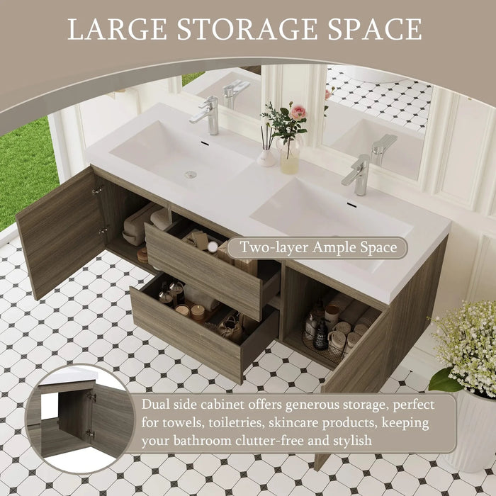 60' Floating Bathroom Vanity with Sink, Modern Wall-Mounted Bathroom Storage Vanity Cabinet with Double Resin Top Basins and Soft Close Drawers, Ash Grey 24V11-60DAG Default -DTYStore