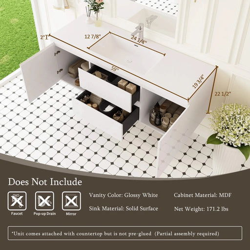 60' Floating Bathroom Vanity with Sink, Modern Wall-Mounted Bathroom Storage Vanity Cabinet with Resin Top Basin and Soft Close Drawers, Glossy White 24V11-60SGW Default -DTYStore