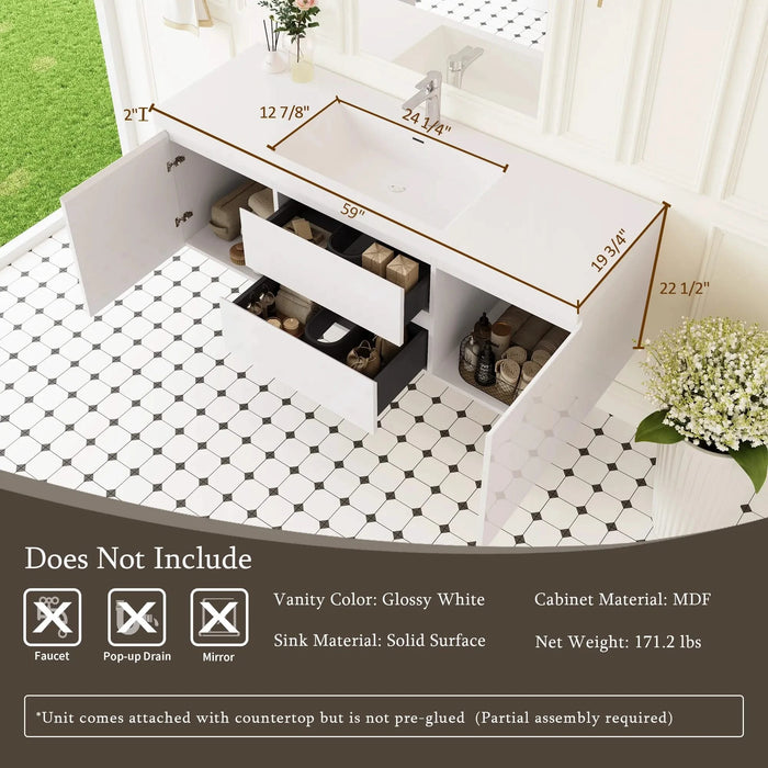 60' Floating Bathroom Vanity with Sink, Modern Wall-Mounted Bathroom Storage Vanity Cabinet with Resin Top Basin and Soft Close Drawers, Glossy White 24V11-60SGW Default -DTYStore