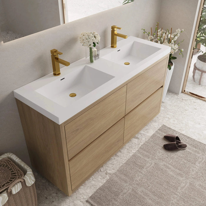 60' Freestanding Bathroom Vanity with Double Sinks, Bathroom Storage Vanity Cabinet with Stone Resin Countertop and Soft Close Drawers, Natural Oak 24V14-60DNO Default -DTYStore