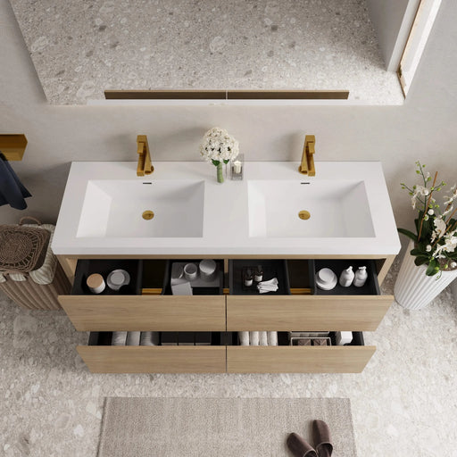 60' Freestanding Bathroom Vanity with Double Sinks, Bathroom Storage Vanity Cabinet with Stone Resin Countertop and Soft Close Drawers, Natural Oak 24V14-60DNO Default -DTYStore
