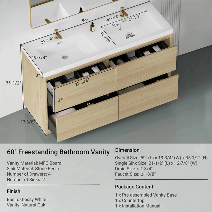 60' Freestanding Bathroom Vanity with Double Sinks, Bathroom Storage Vanity Cabinet with Stone Resin Countertop and Soft Close Drawers, Natural Oak 24V14-60DNO Default -DTYStore