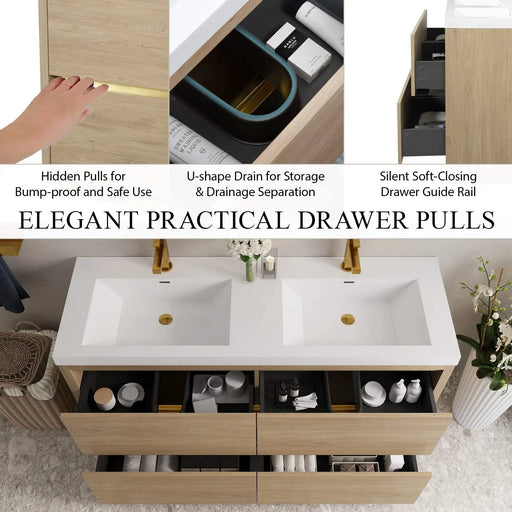 60' Freestanding Bathroom Vanity with Double Sinks, Bathroom Storage Vanity Cabinet with Stone Resin Countertop and Soft Close Drawers, Natural Oak 24V14-60DNO Default -DTYStore