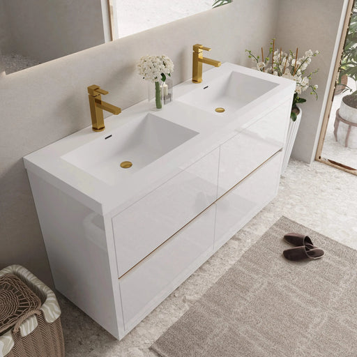 60' Freestanding Bathroom Vanity with Sink, Bathroom Storage Vanity Cabinet with Stone Resin Countertop and Soft Close Drawers, Glossy White 24V14-60DGW Default -DTYStore